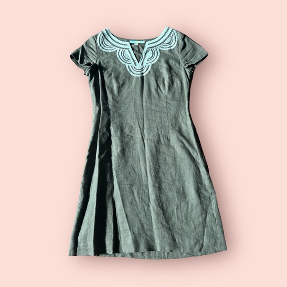 Boden Dresses & Skirts - Women’s Boden Military Green Light Blue Embroidered Collar Linen Dress Size 12